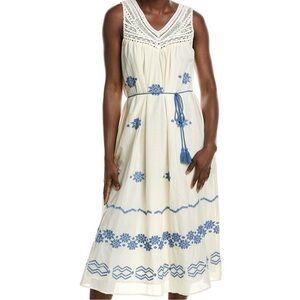 Ellen Tracy Cream and Blue Embroidered Midi Dress